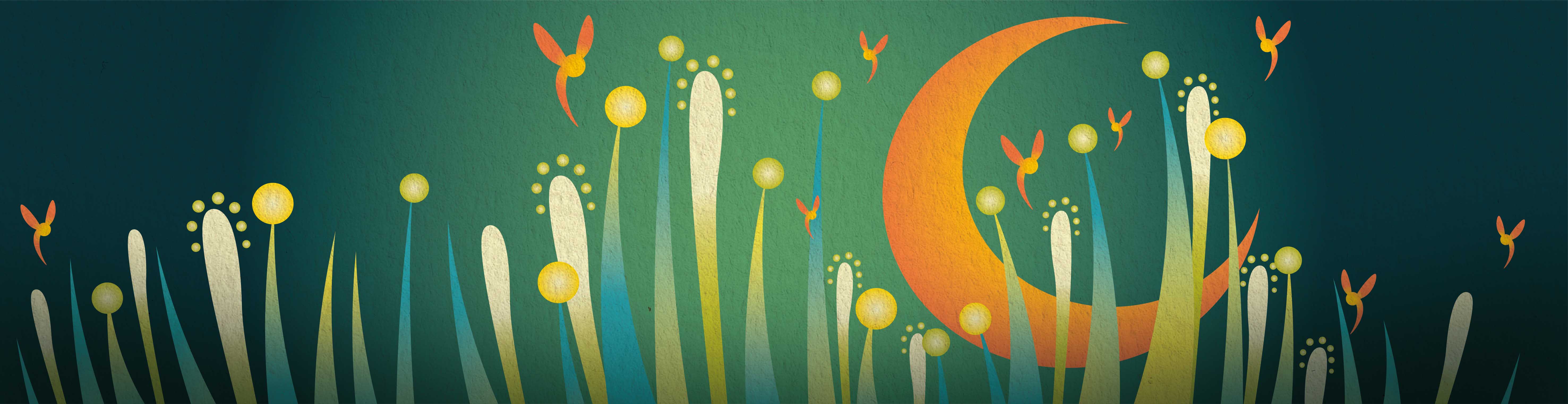 Illustrazione di IF Ivan Foresti con luna fiori e spiritelli