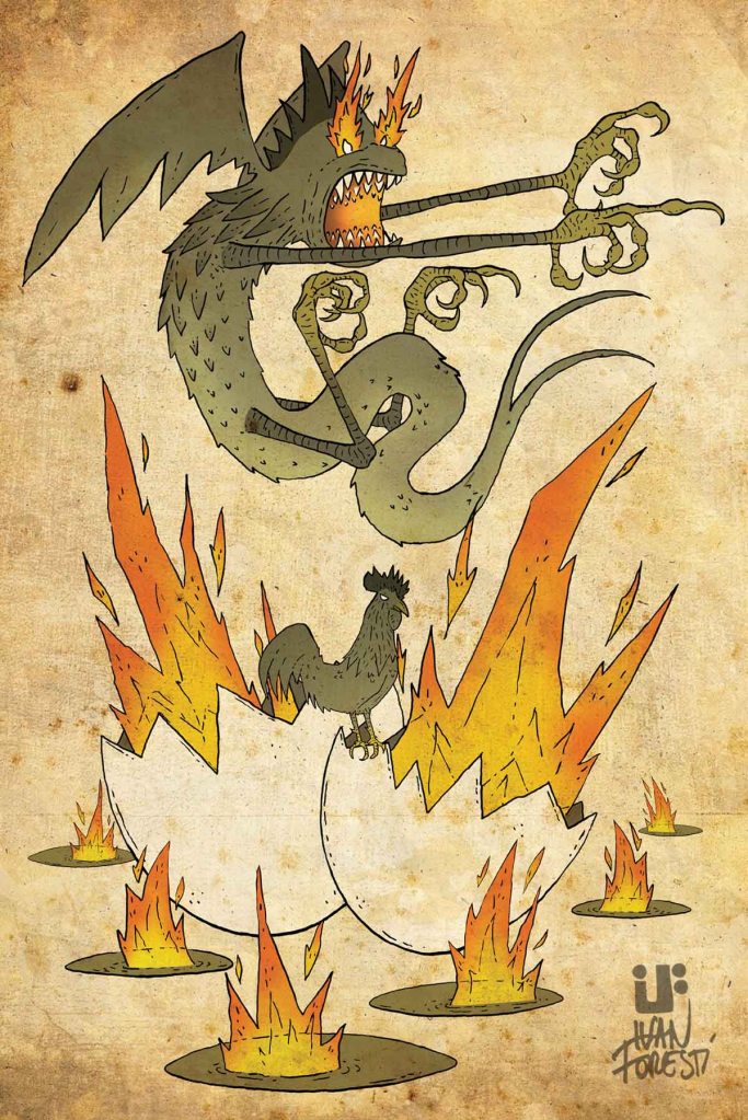 Illustrazione del Basilisco creatura leggendaria del Trentino di IF Ivan Foresti