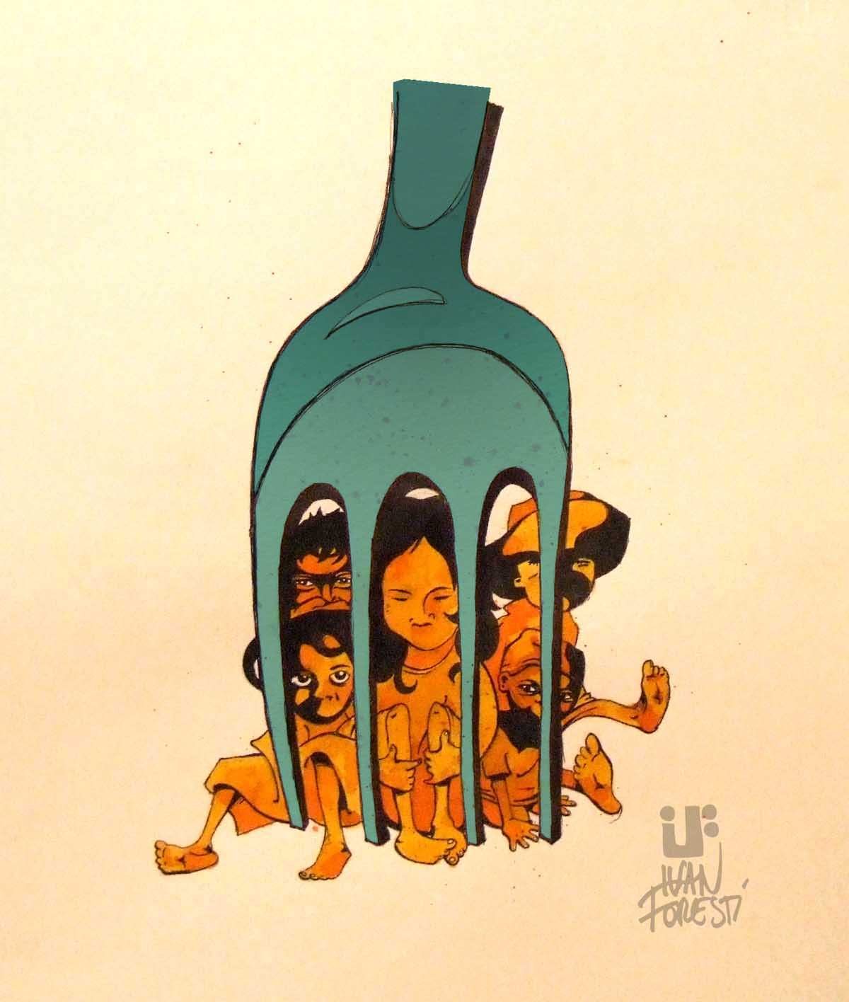 Illustrazione  di IF Ivan Foresti per Amandla Altromercato commercio equo e solidale diritto al cibo su tshirt