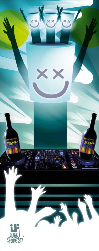 Illustrazione di IF Ivan Foresti su musica Techno per music beer box